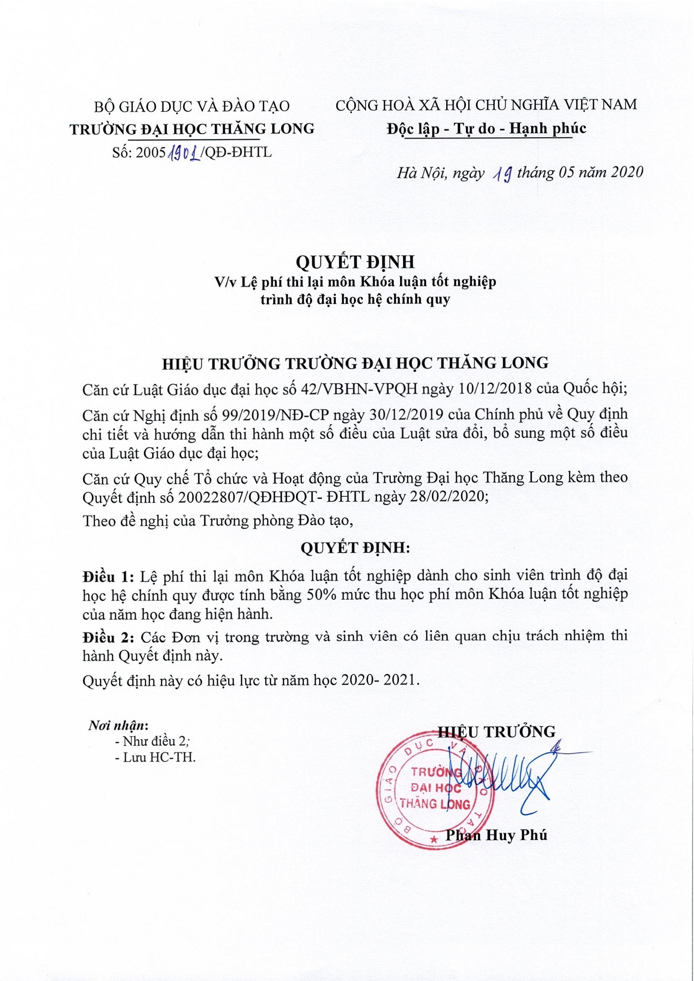 Quyết định V/v Lệ phí thi lại môn Khóa luận tốt nghiệp trình độ đại học hệ chính quy