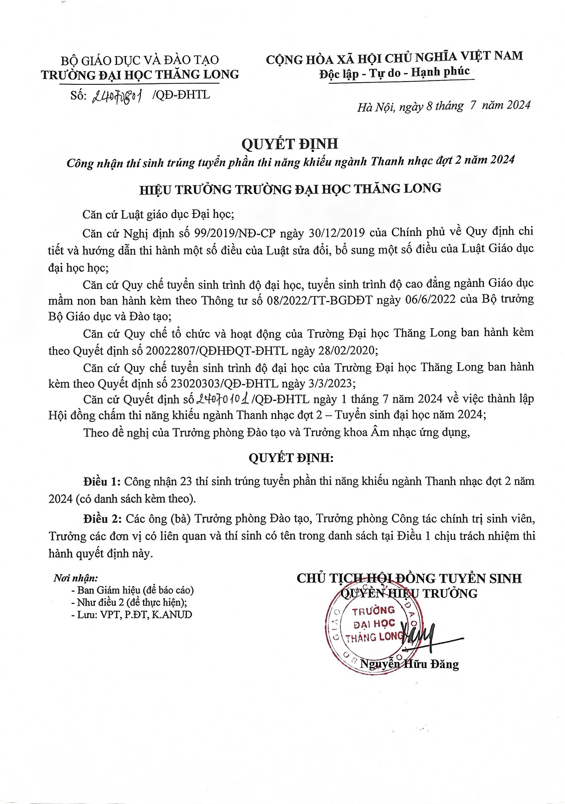 DANH SÁCH THÍ SINH TRÚNG TUYỂN PHẦN THI NĂNG KHIẾU NGÀNH THANH NHẠC ĐỢT 2 NĂM 2024